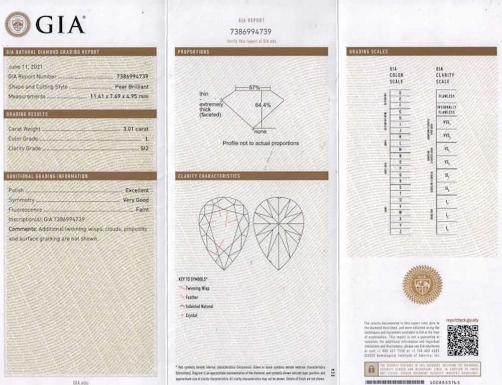 GIA 3.62ct Estate Vintage PEAR Shaped 3 Stone Dia… - image 4