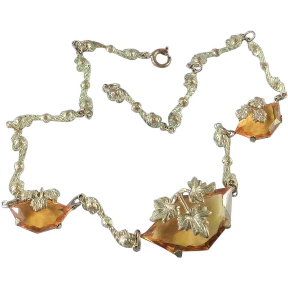 Art Deco Czech Glass Gilt Brass Necklace - image 1