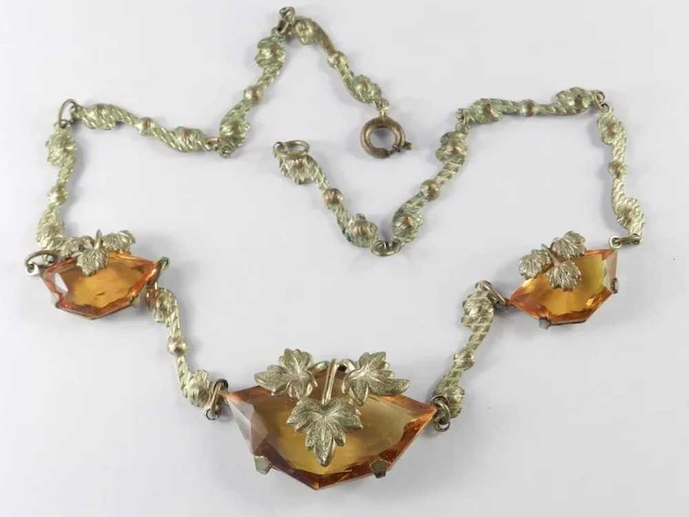 Art Deco Czech Glass Gilt Brass Necklace - image 3