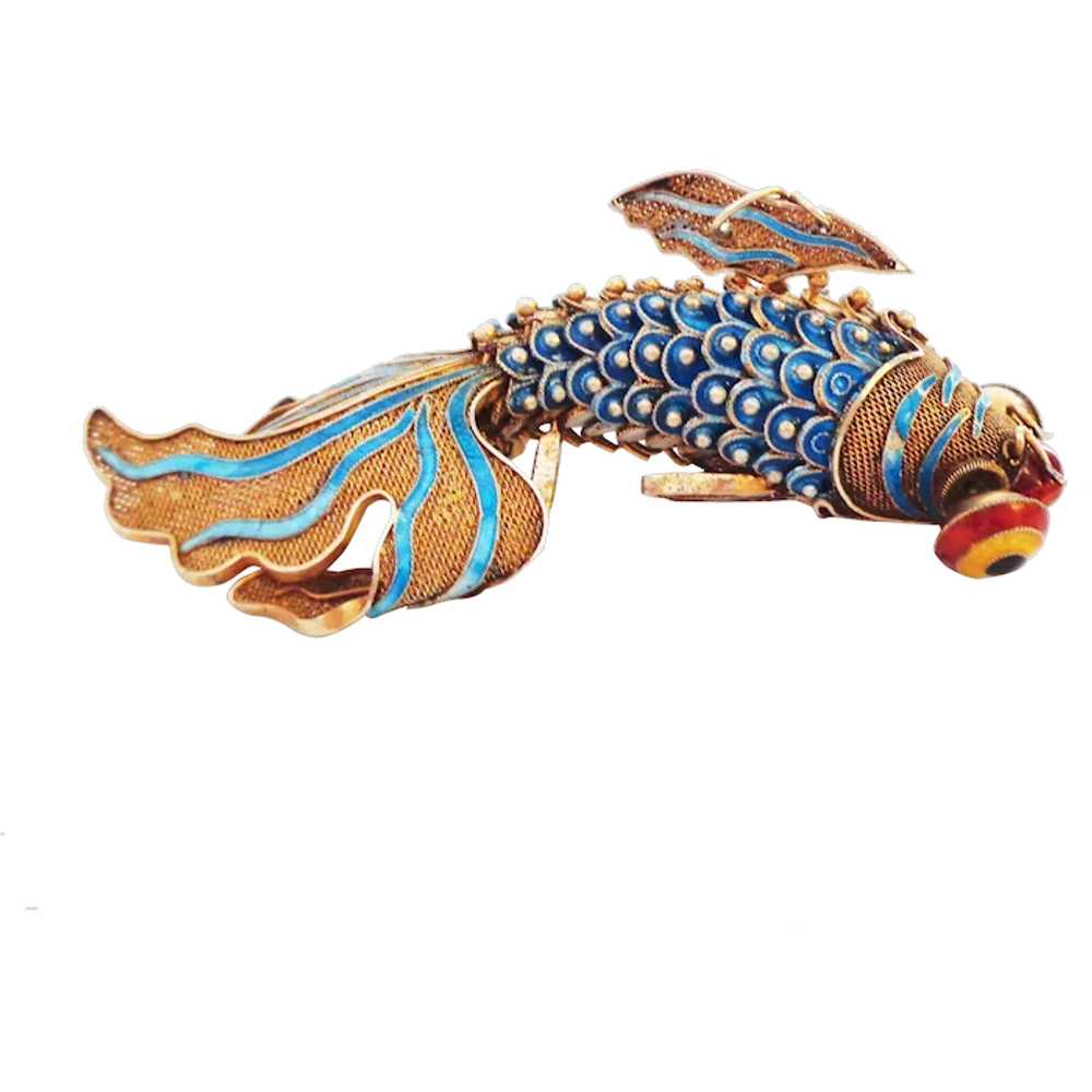 Chinese Gilt Silver Articulated Koi Blue Enamel F… - image 1