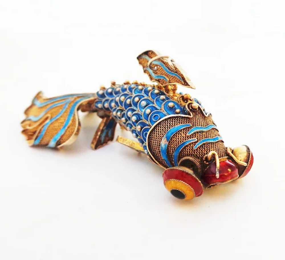 Chinese Gilt Silver Articulated Koi Blue Enamel F… - image 2