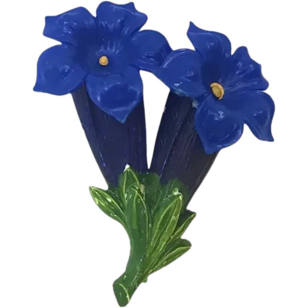 Vintage Molded Celluloid Blue Lily Double Gentian… - image 1