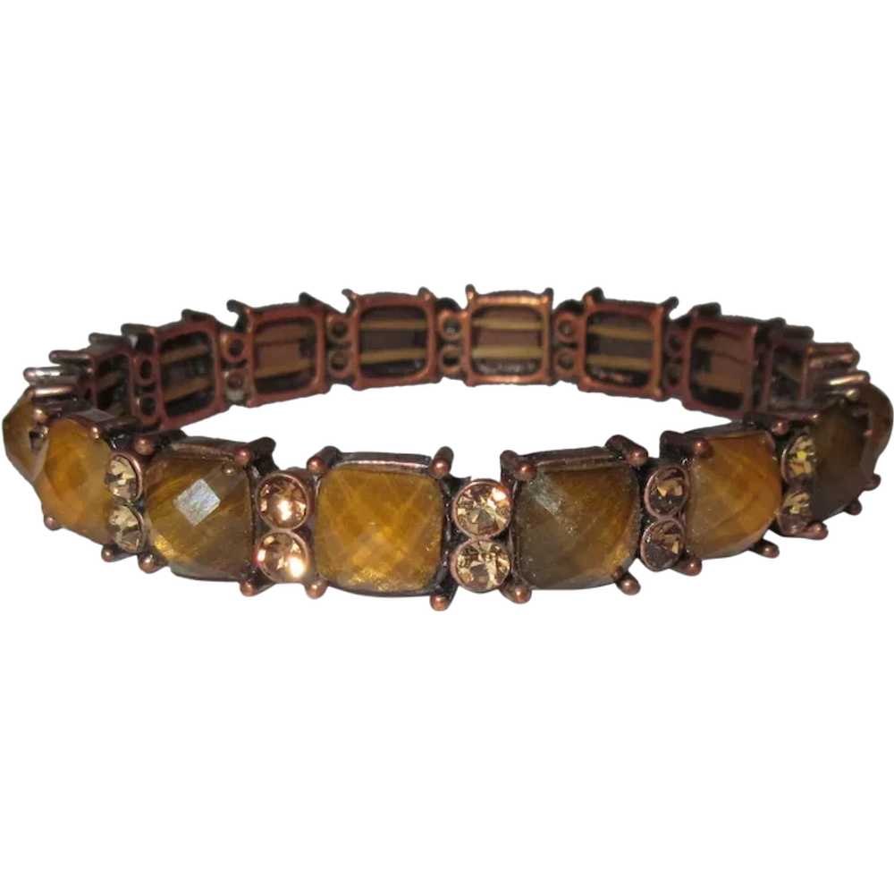 Rhinestone, Art Glass Bracelet, Copper Toned with… - image 1