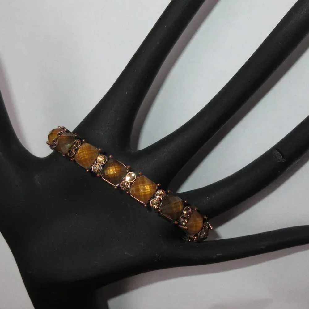 Rhinestone, Art Glass Bracelet, Copper Toned with… - image 2