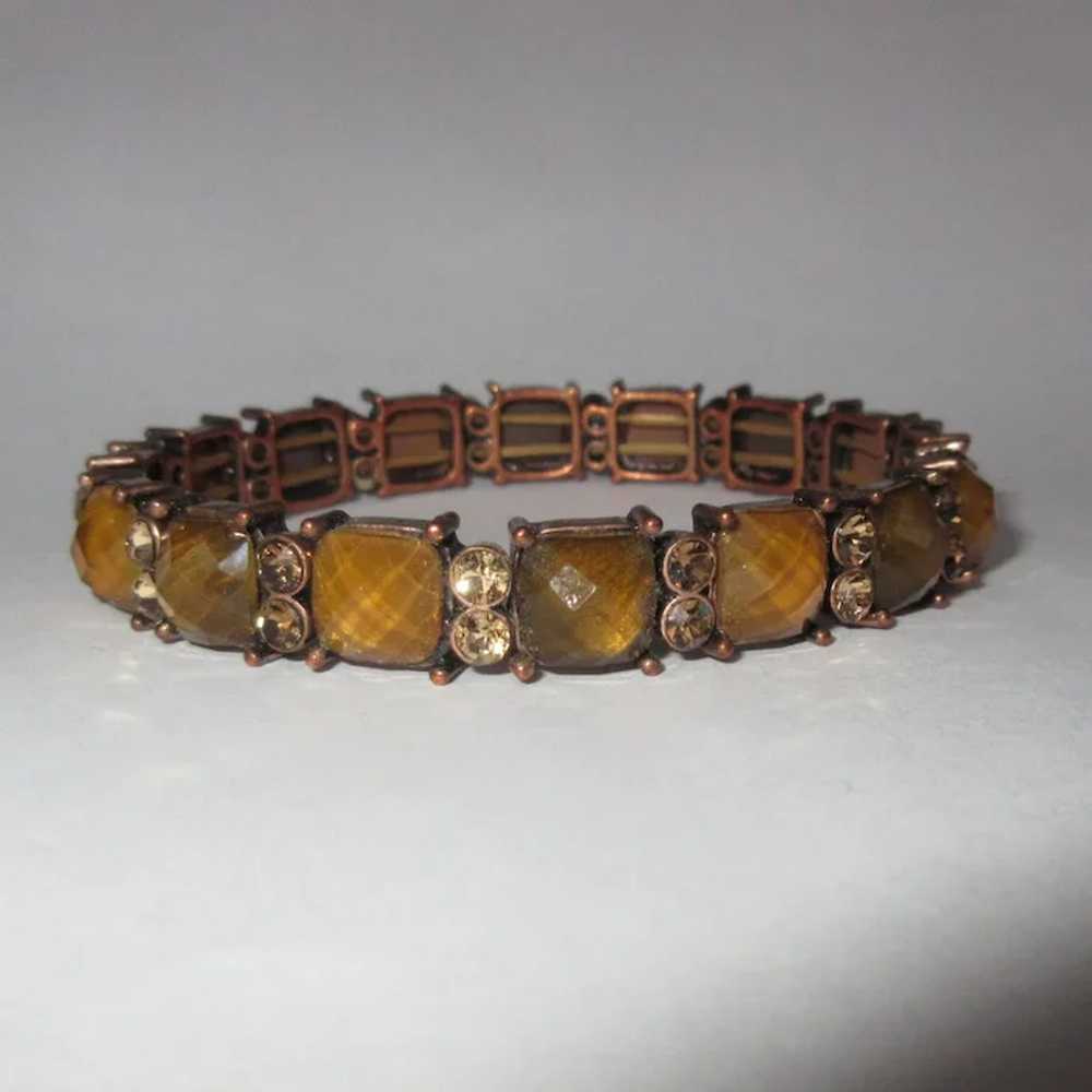 Rhinestone, Art Glass Bracelet, Copper Toned with… - image 3
