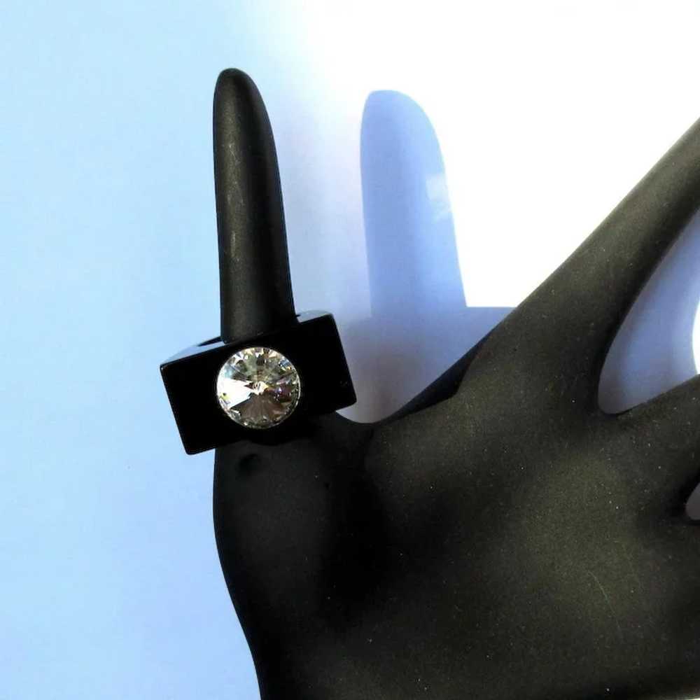 Vintage Lucite Ring, Rhinestone, 70's Modernist - image 2