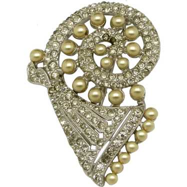 Diamante and Imitation Pearl Art Deco Brooch - image 1