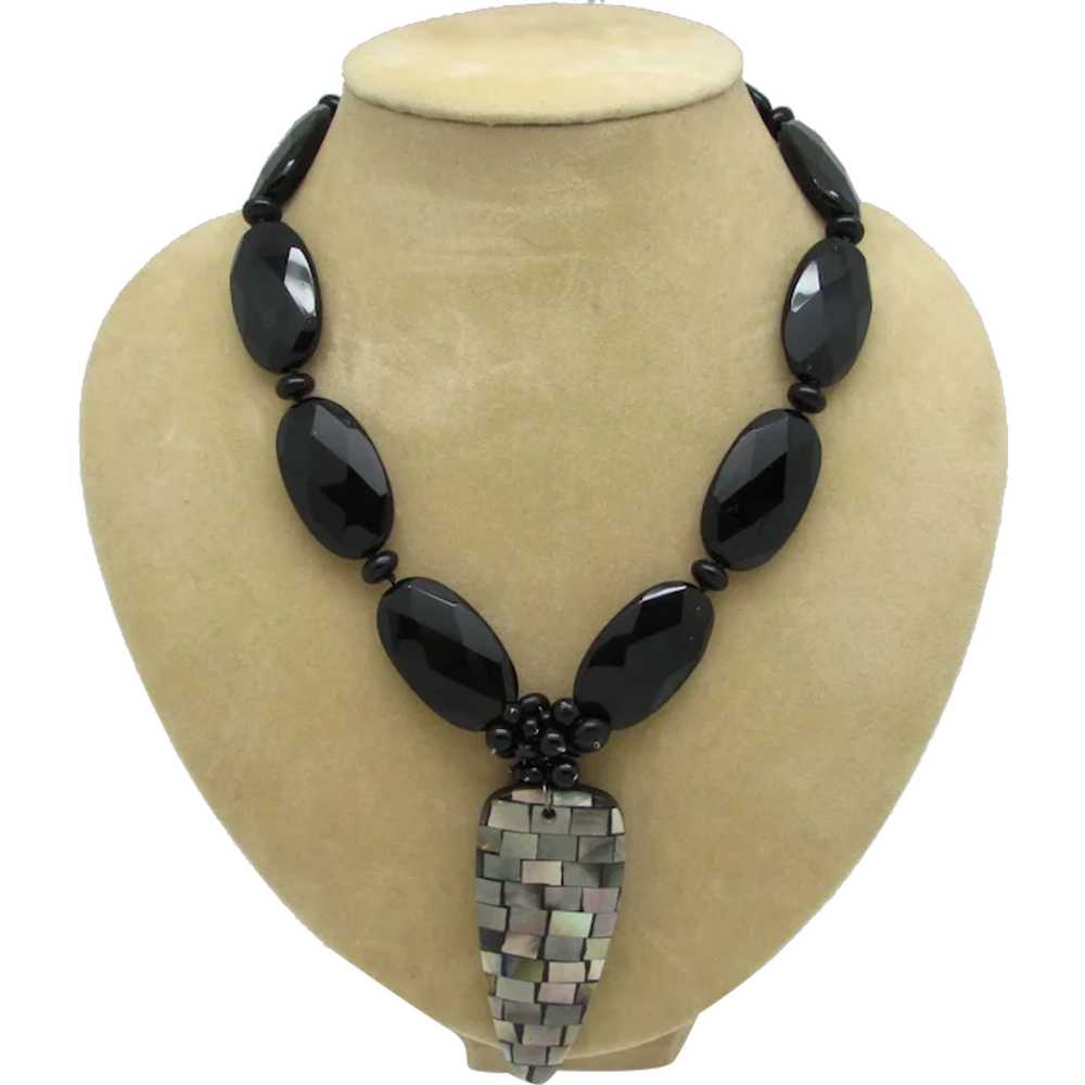 Faceted Black Glass Bead Necklace With Mosaic Pen… - image 1