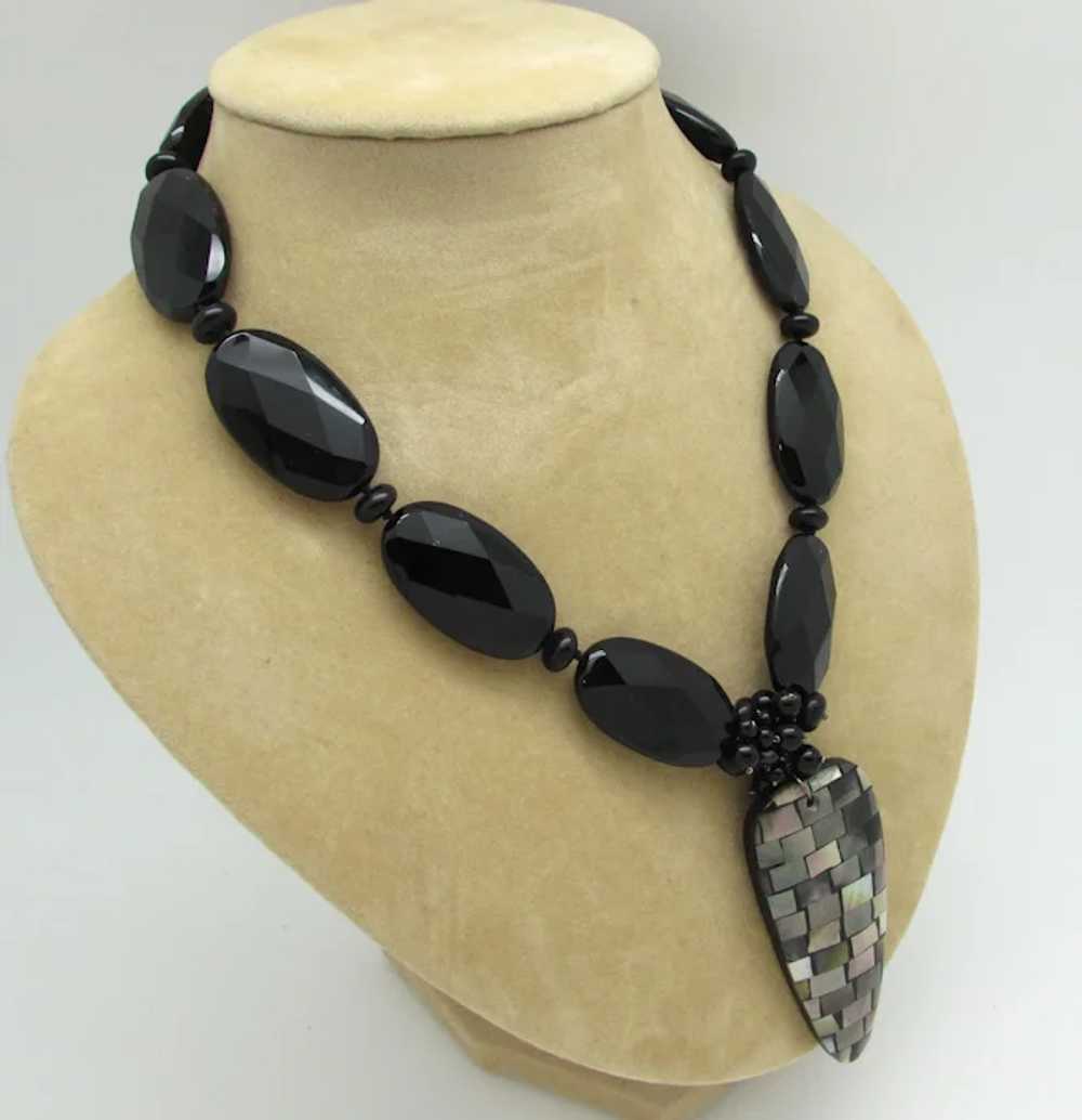 Faceted Black Glass Bead Necklace With Mosaic Pen… - image 2