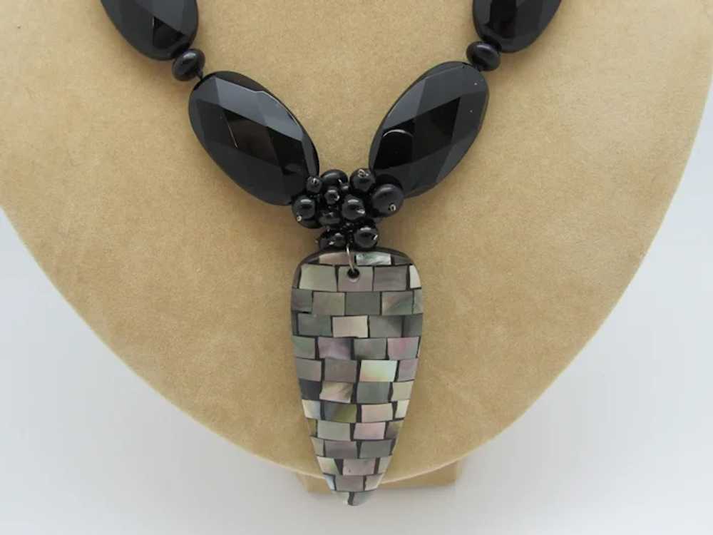 Faceted Black Glass Bead Necklace With Mosaic Pen… - image 3