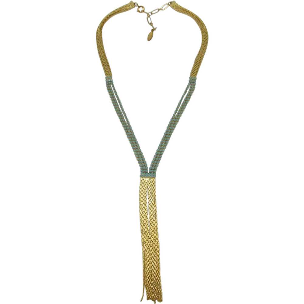 Deep V-Style Necklace with Rhinestones and Fringe - image 1