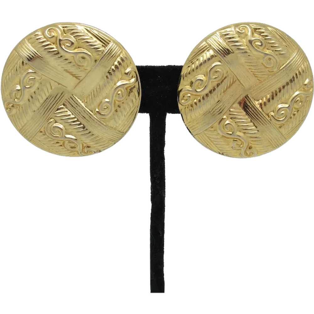 Embossed Button Style Gold Tone Metal Earrings - image 1
