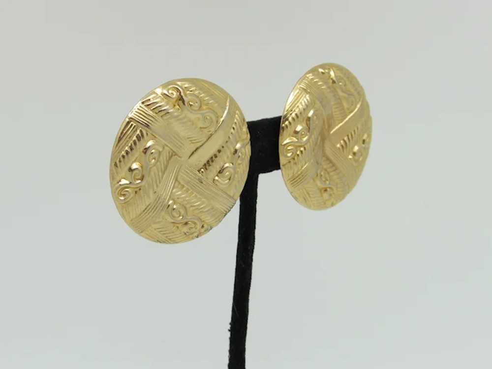 Embossed Button Style Gold Tone Metal Earrings - image 2
