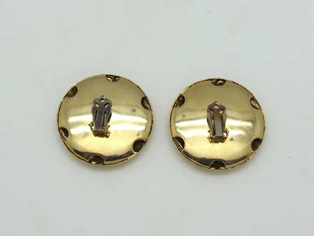 Embossed Button Style Gold Tone Metal Earrings - image 3