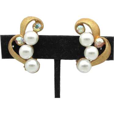 Swirl Earrings with Imitation Pearls and Rhinesto… - image 1