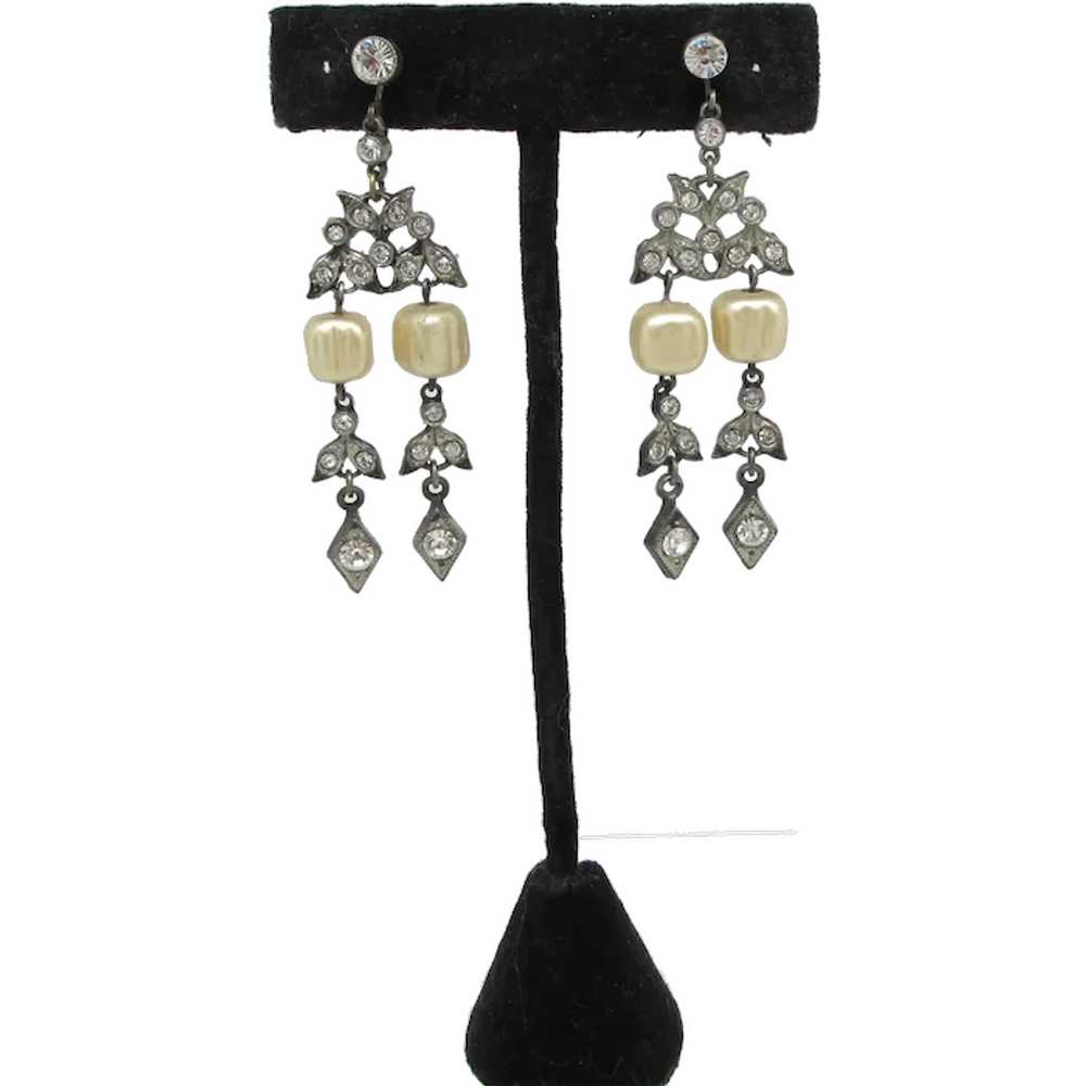 Edwardian Ornate Earrings with Rhinestones and Im… - image 1