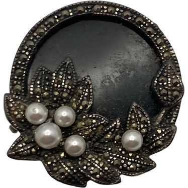 Antique Edwardian Sterling Silver, Onyx and Pearl… - image 1