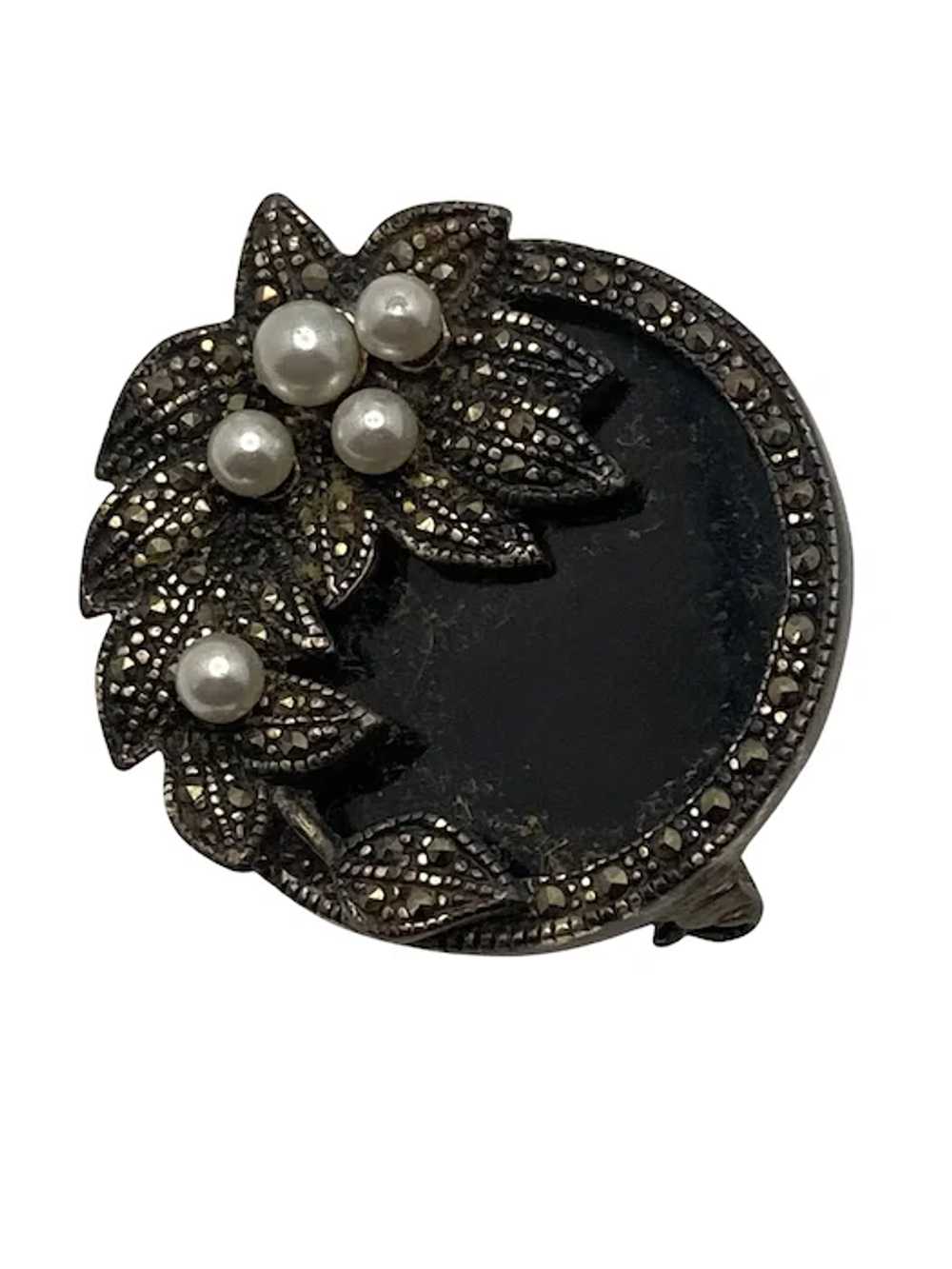 Antique Edwardian Sterling Silver, Onyx and Pearl… - image 2