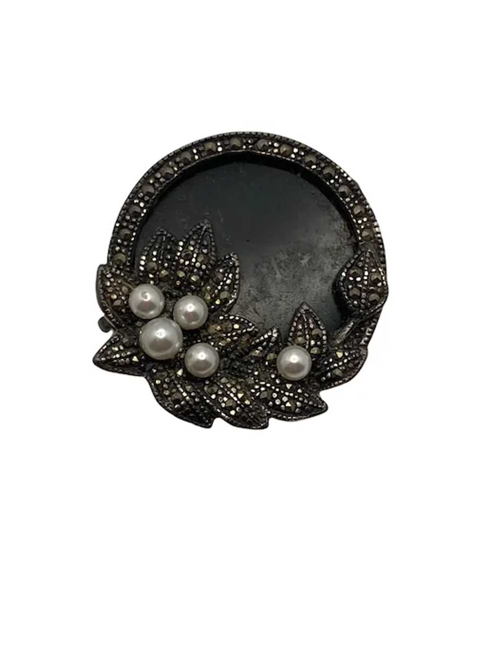 Antique Edwardian Sterling Silver, Onyx and Pearl… - image 3