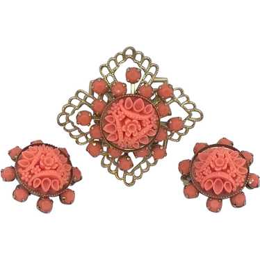 Faux Carved Coral Demi-parure Celluloid Pin & Ear… - image 1