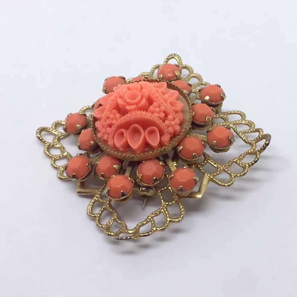 Faux Carved Coral Demi-parure Celluloid Pin & Ear… - image 2