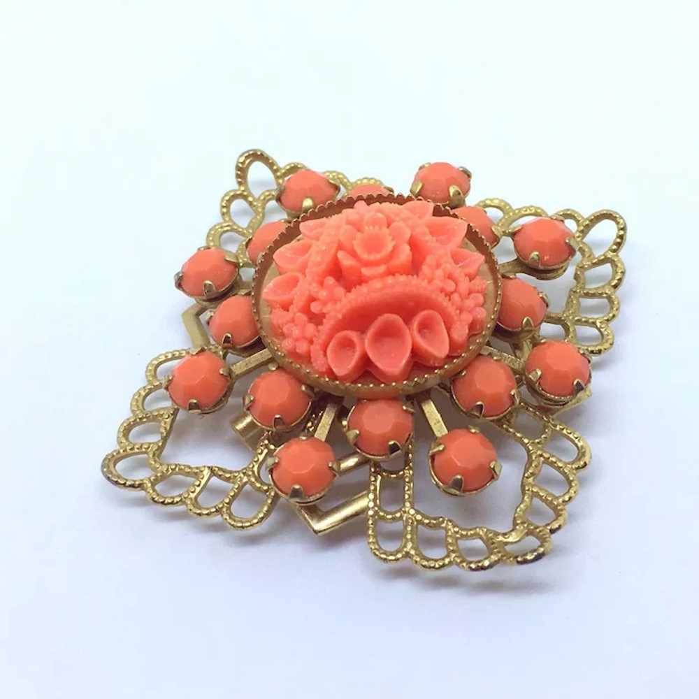 Faux Carved Coral Demi-parure Celluloid Pin & Ear… - image 3