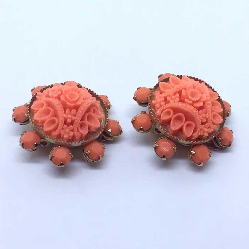 Faux Carved Coral Demi-parure Celluloid Pin & Ear… - image 4