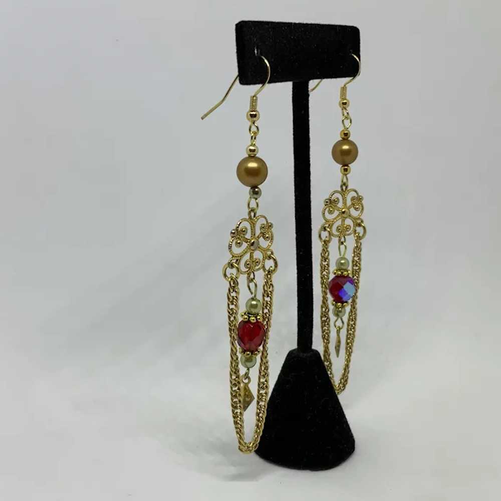 Repurposed Vintage Jewelry Long Earrings Red AB b… - image 2