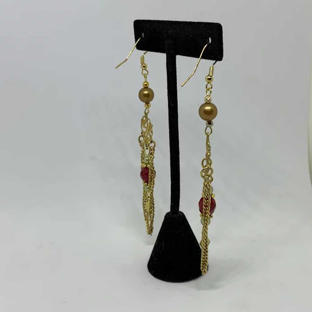 Repurposed Vintage Jewelry Long Earrings Red AB b… - image 3