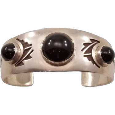 Bold Vintage Sterling Hopi Cuff With Dramatic Onyx - image 1