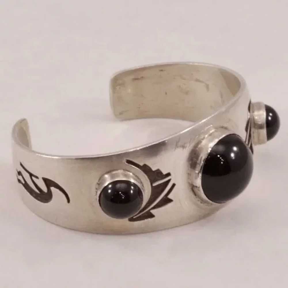Bold Vintage Sterling Hopi Cuff With Dramatic Onyx - image 2