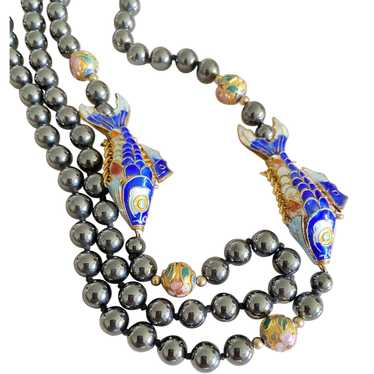 Vintage Hematite Cloisonné Fish Necklace - image 1