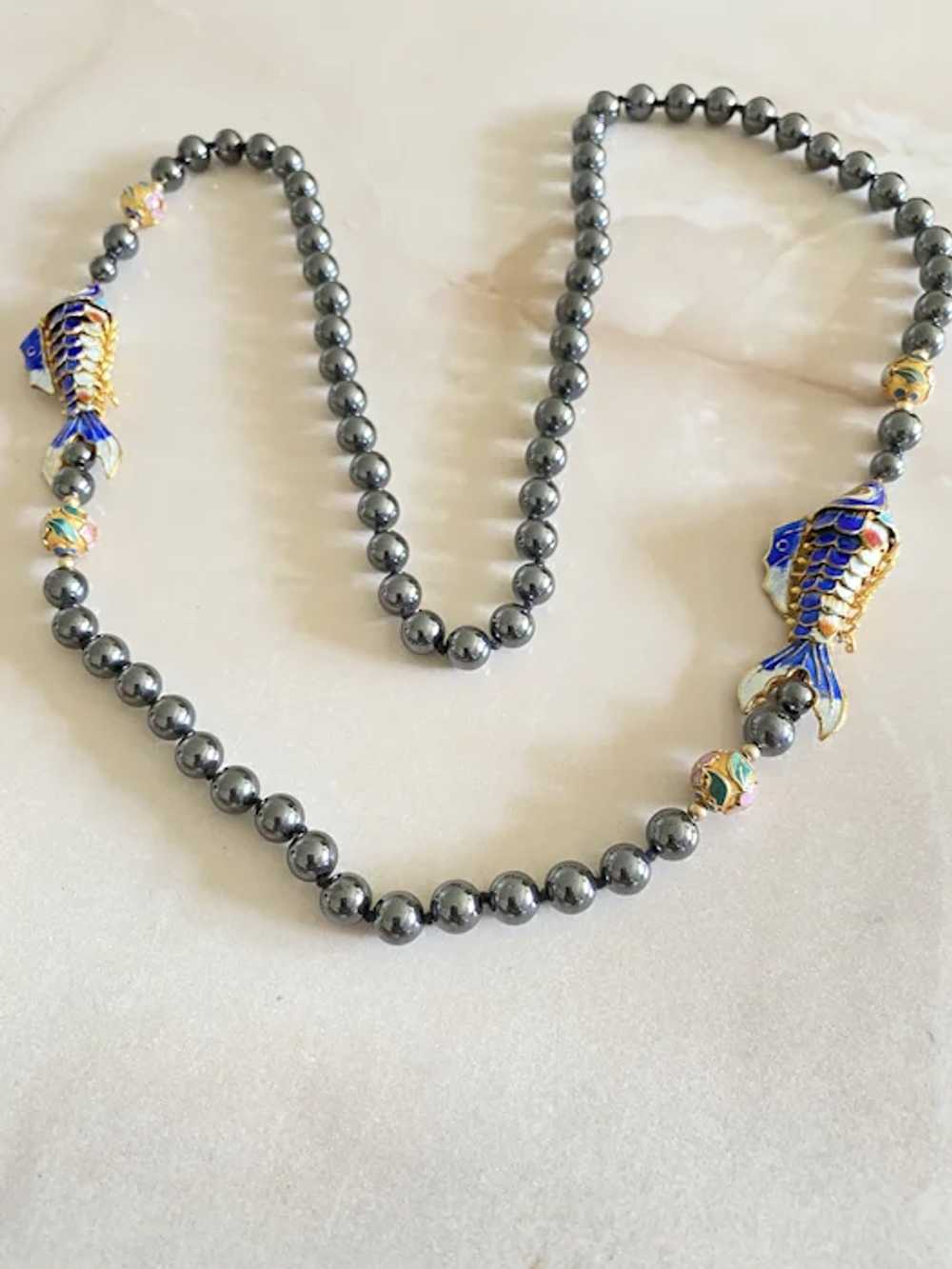 Vintage Hematite Cloisonné Fish Necklace - image 2