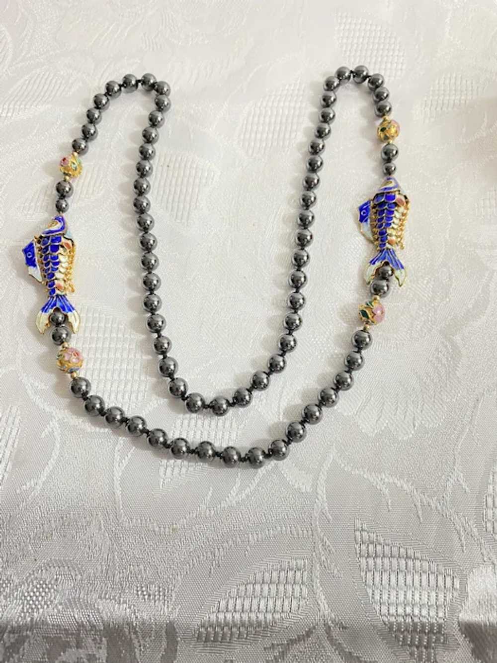 Vintage Hematite Cloisonné Fish Necklace - image 3