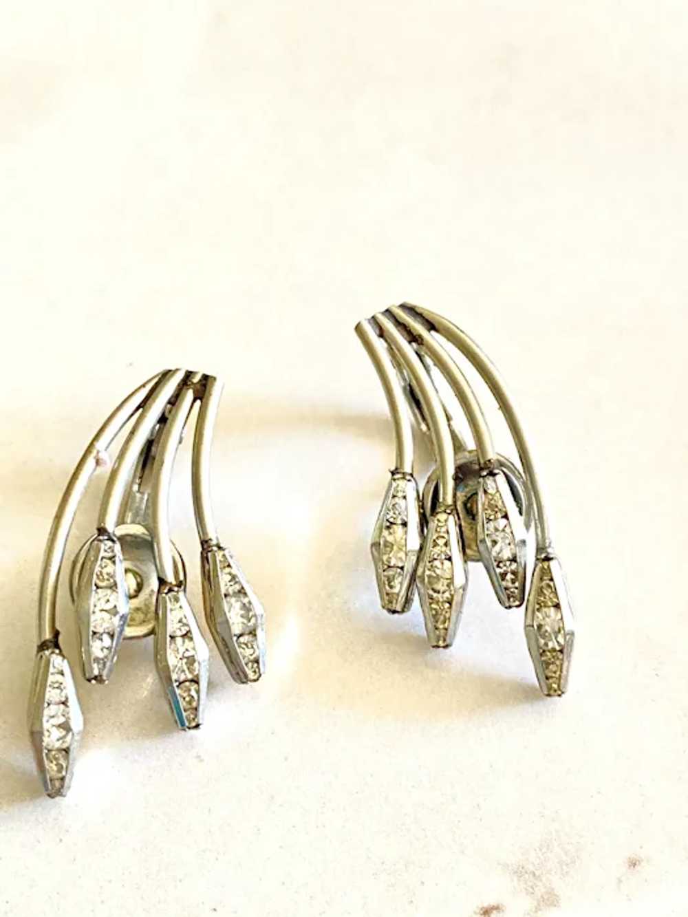 Art Deco Vintage Diamanté Clip Earrings Silver To… - image 2