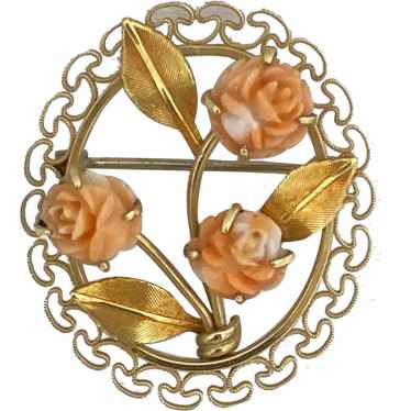 Vintage Brooch MAMSELLE Carved Rose Faux Coral 3-D Flower high quality Crystals Textured Goldtone Metal