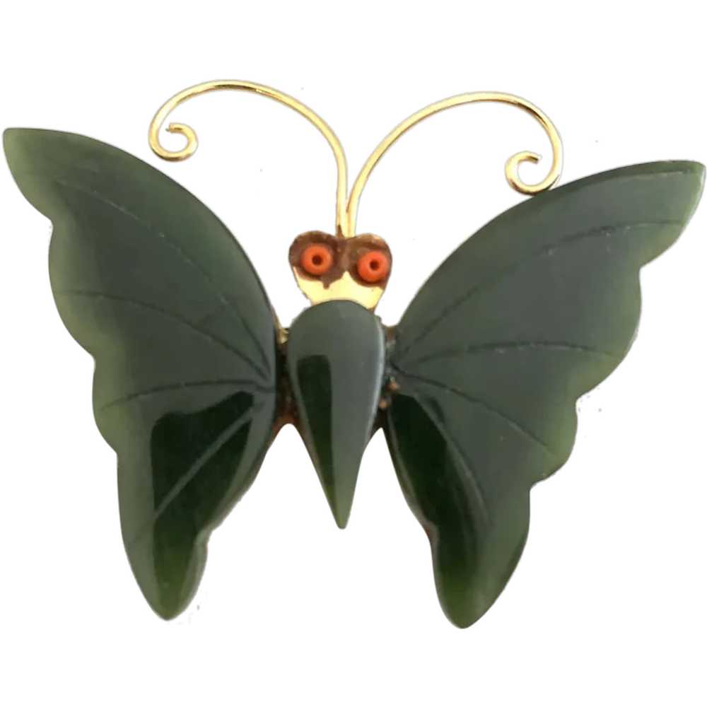 Vintage Nephrite Jade Butterfly Brooch - image 1