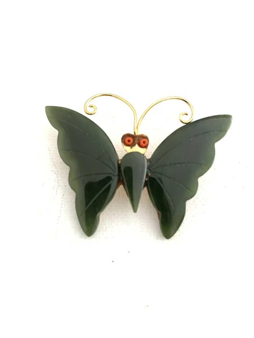 Vintage Nephrite Jade Butterfly Brooch - image 2