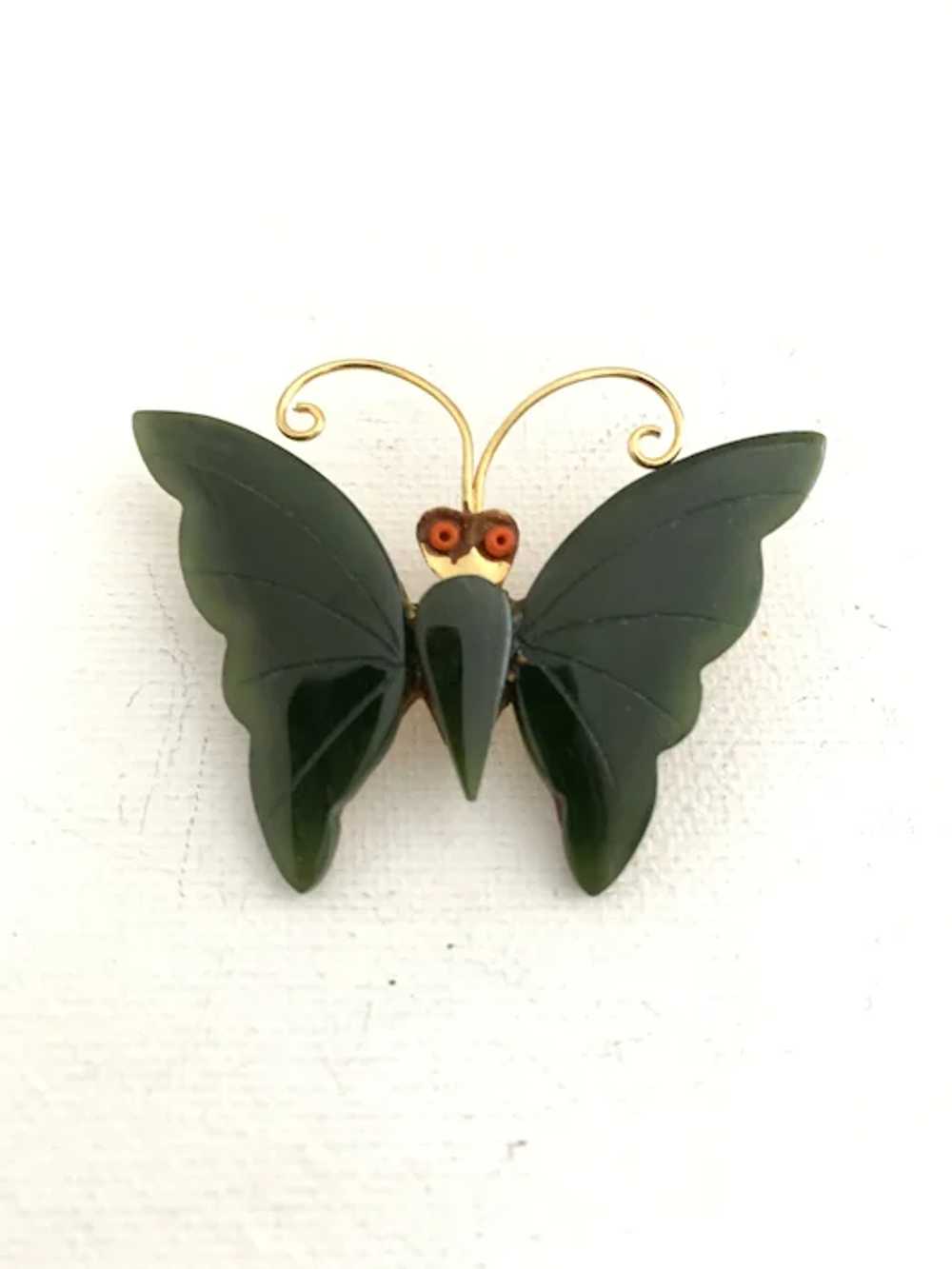 Vintage Nephrite Jade Butterfly Brooch - image 5