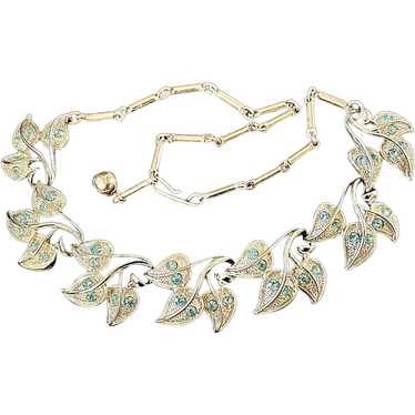 Vintage Blue Rhinestone Tri-Leaf Necklace - image 1