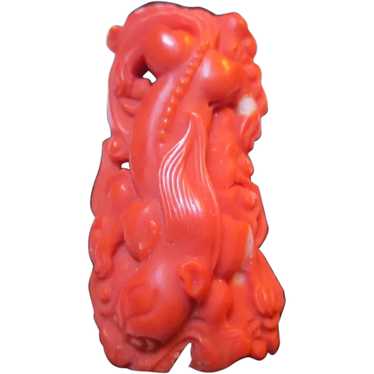 Fabulous Carved Coral Chinese Dragon Foo Dog Penda