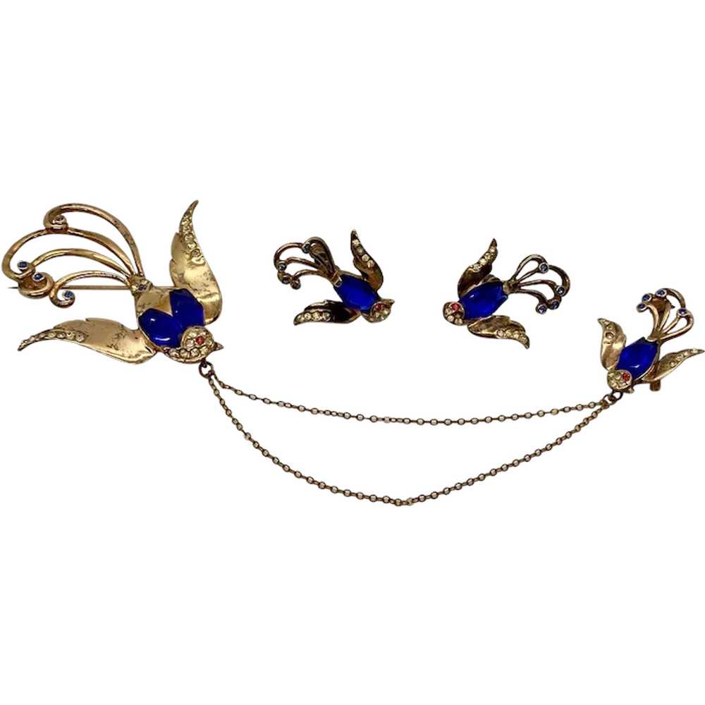 1940s Sterling Silver Birds Chatelaine Brooch Pin… - image 1