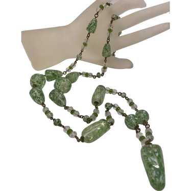 Striking Green Splatter Art Glass 1920s Beads - image 1