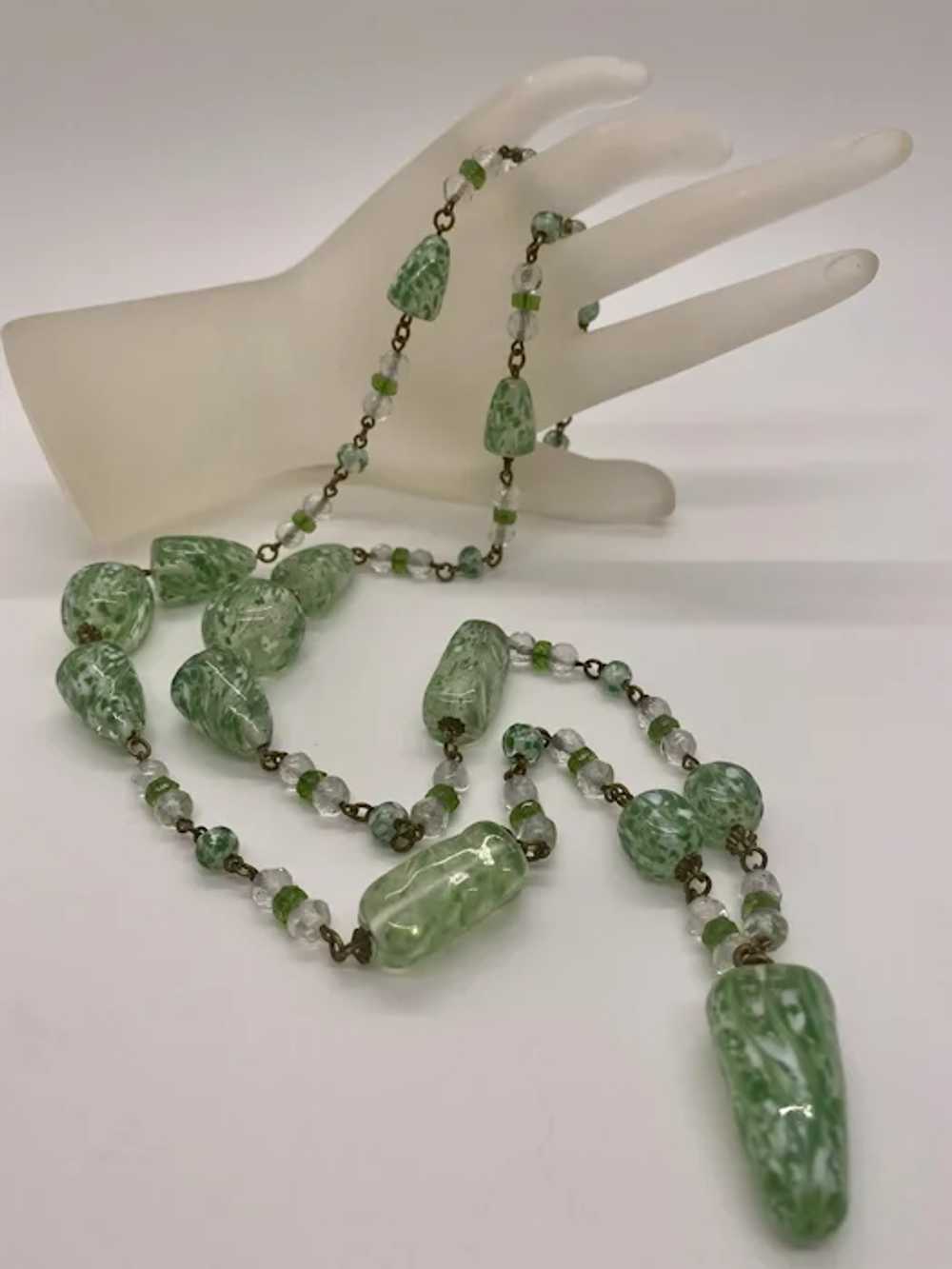 Striking Green Splatter Art Glass 1920s Beads - image 2