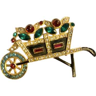 Colorful 1940s Jeweled Wheelbarrow Pin Brooch!