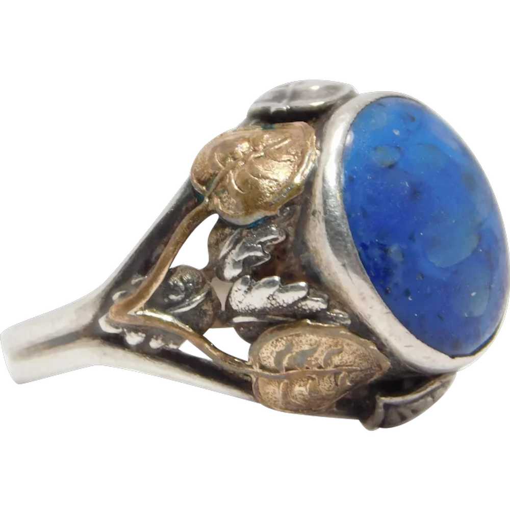 Sterling Ring Arts And Crafts Blue Art Glass Stone - image 1