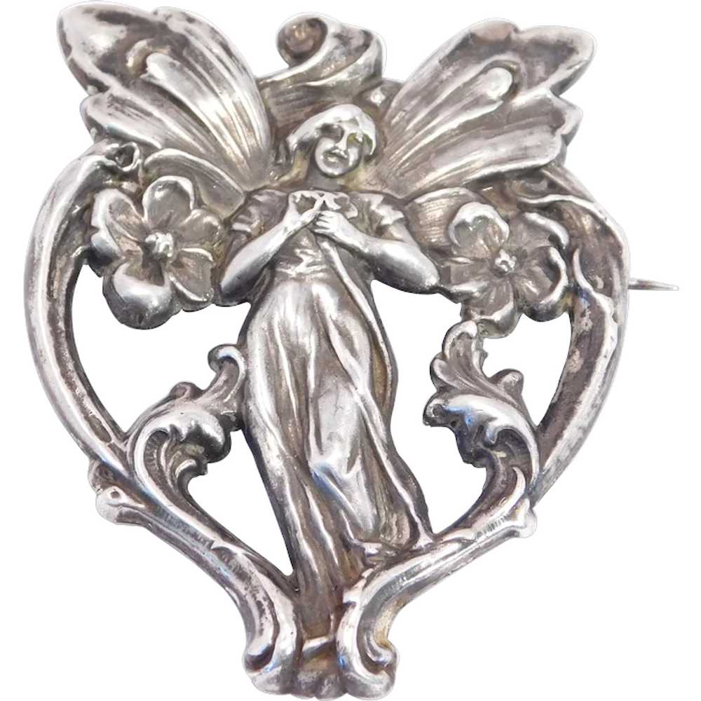 Fantastic Fairy Art Nouveau Sterling Silver Brooch - image 1