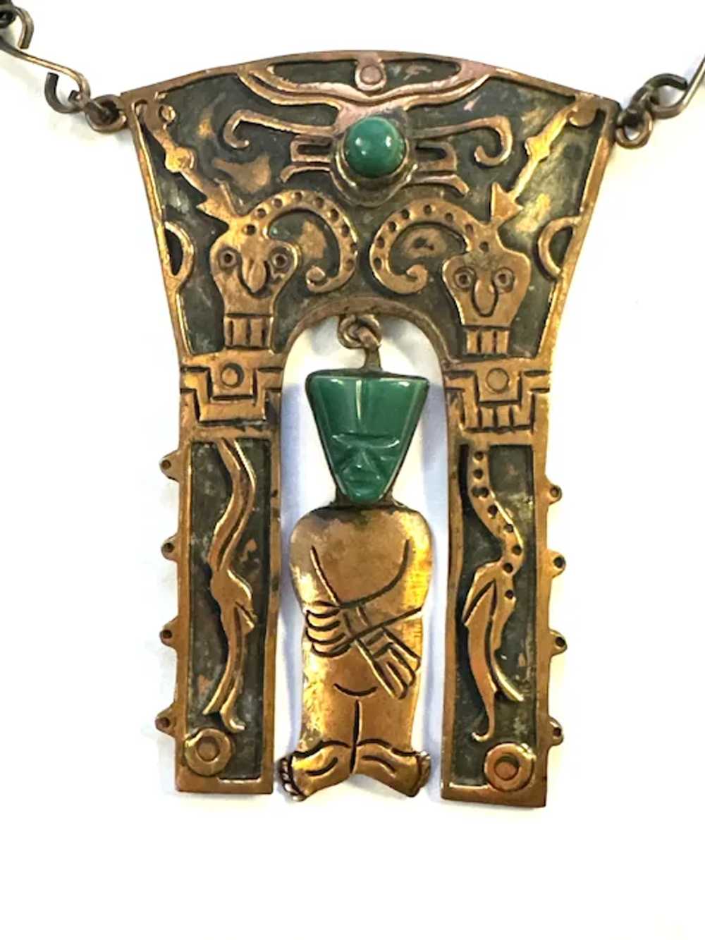 HUGE 1960s 70s Handmade Copper & Green Onyx Mayan… - image 2