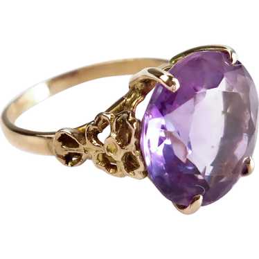 Size 8.5 Flower Accented Round Amethyst 9K Yellow… - image 1