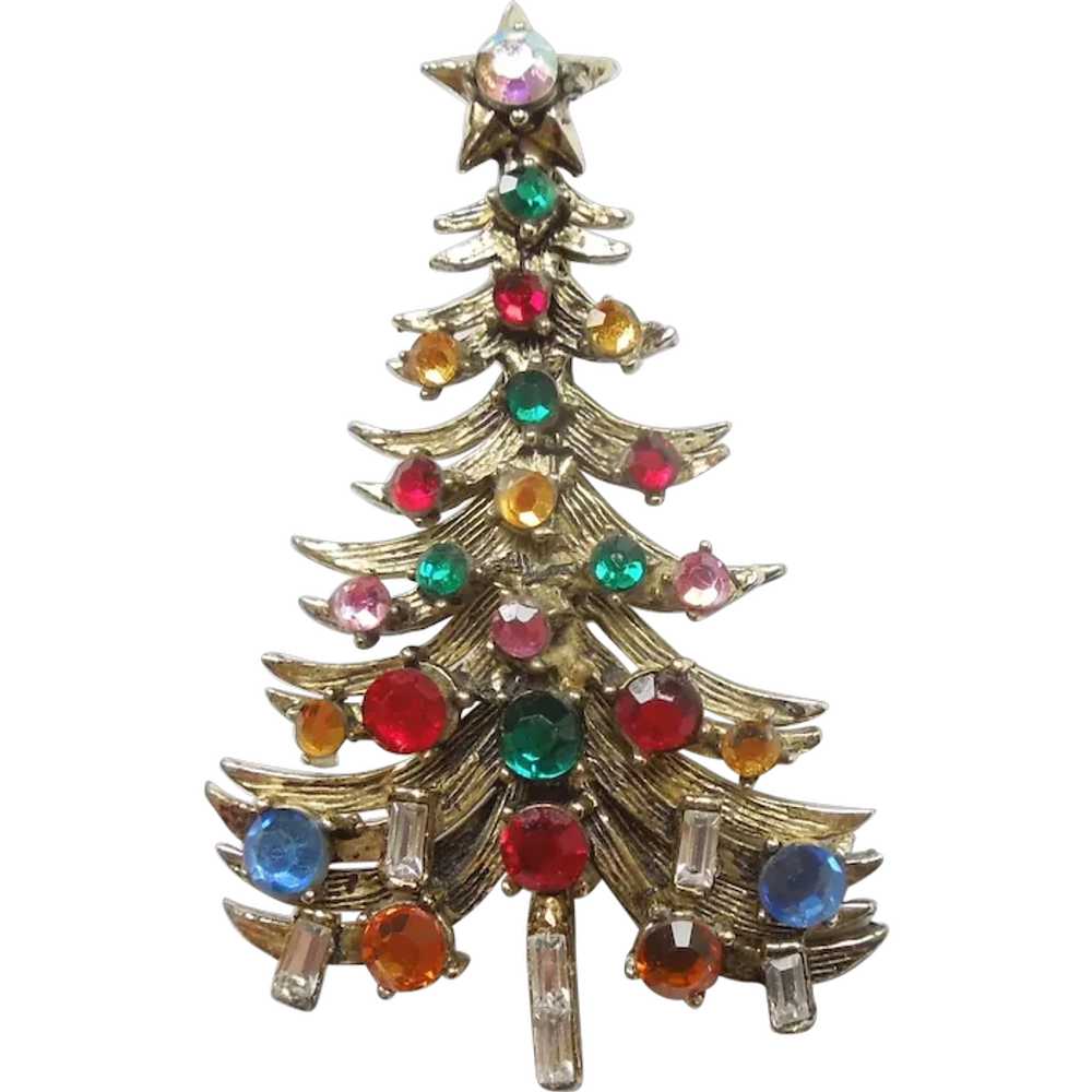 Sparkly Hollycraft Christmas Tree Pin with Rhines… - image 1